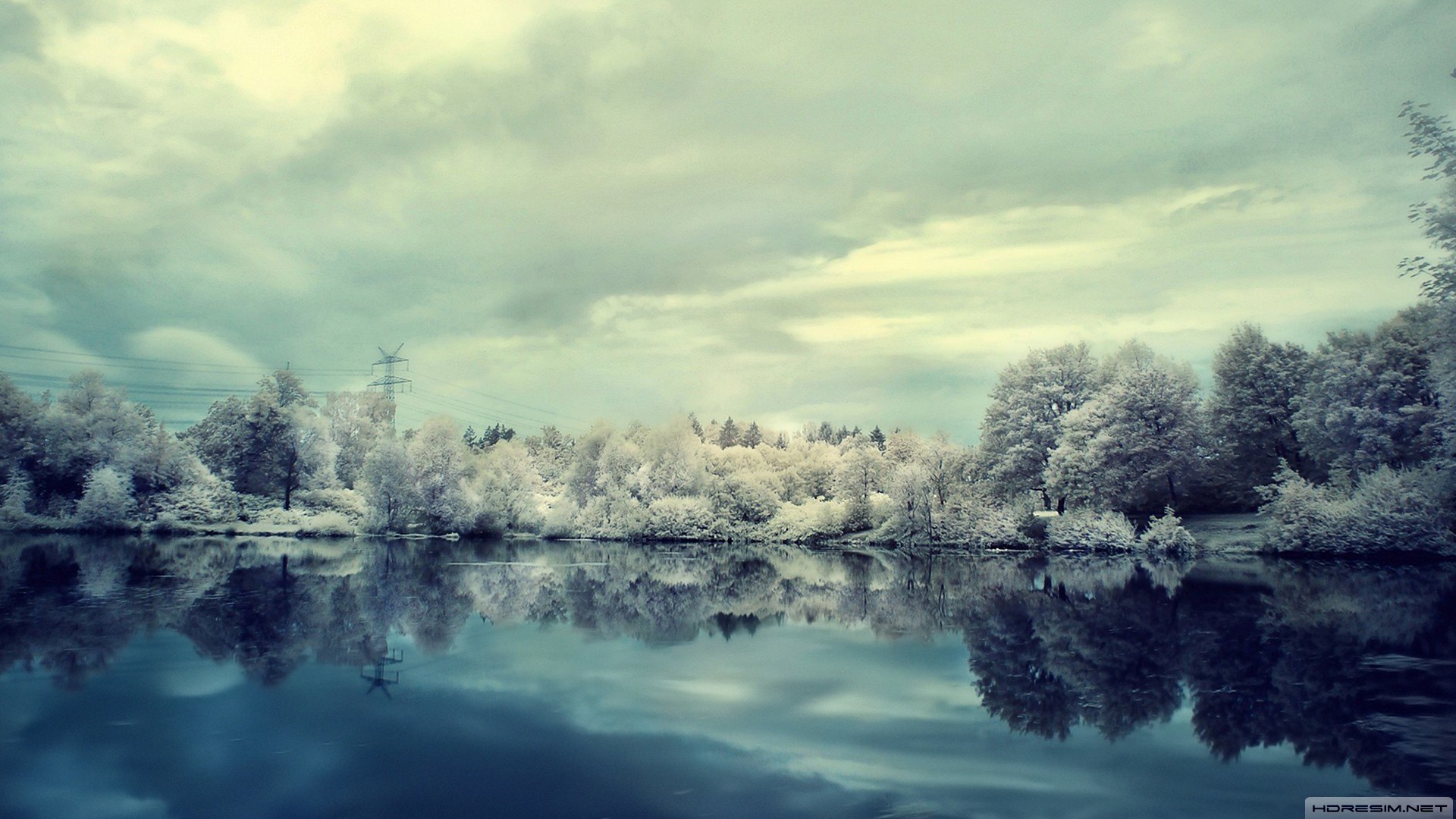 kış,kar,orman,göl,gökyüzü