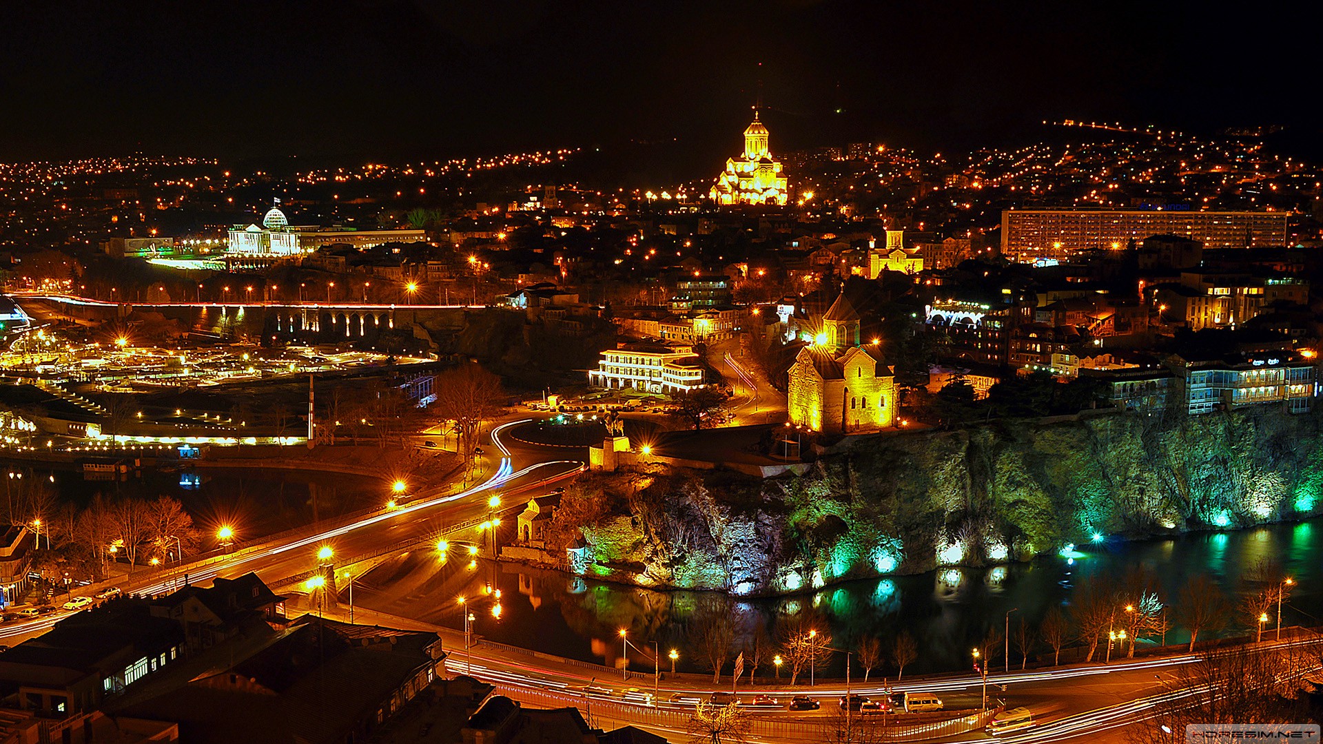 tiflis,şehir,gece,nehir,köprü
